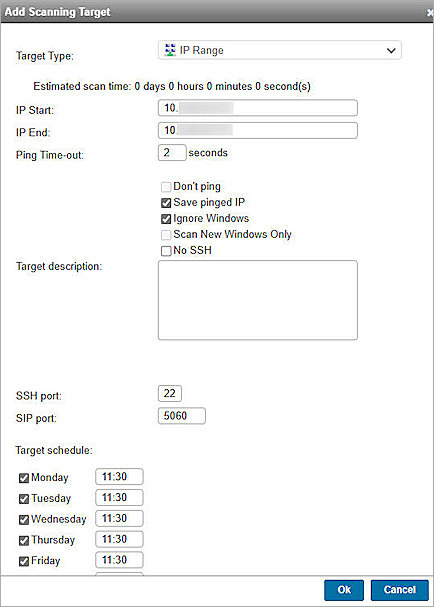 Screenshot of Lansweeper add IP range scanning target page